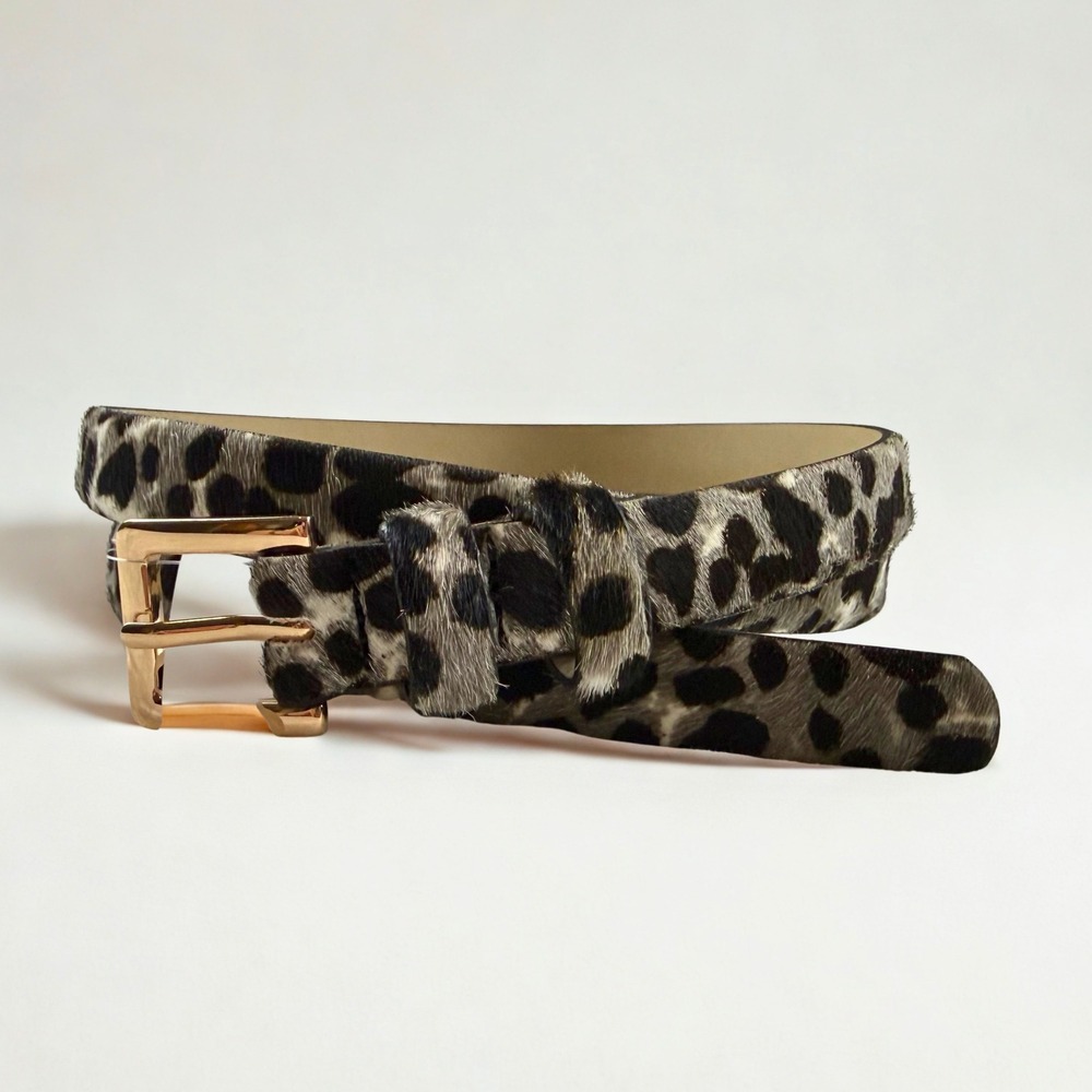LOFT Leopard Print Calf Hair Belt Womens L Grey Multi Animal Dyed Gold Buckle